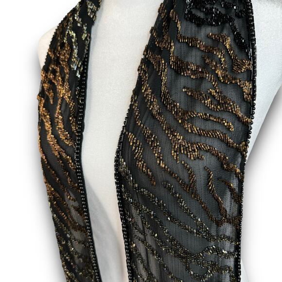 Chicos Beaded Fringe Scarf Semi Sheer Black Brown Tiger Stripe Approx 56"x6" - Picture 2 of 8